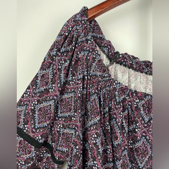 Lane Bryant Black Purple Boho Floral Diamond Top - Picture 2 of 6